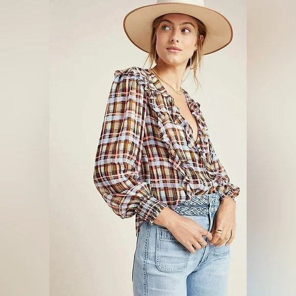 Anthropologie Maeve Laila Plaid Ruffle Wrap Blouse Boho Cottagecore Top Size 4 - Picture 5 of 11